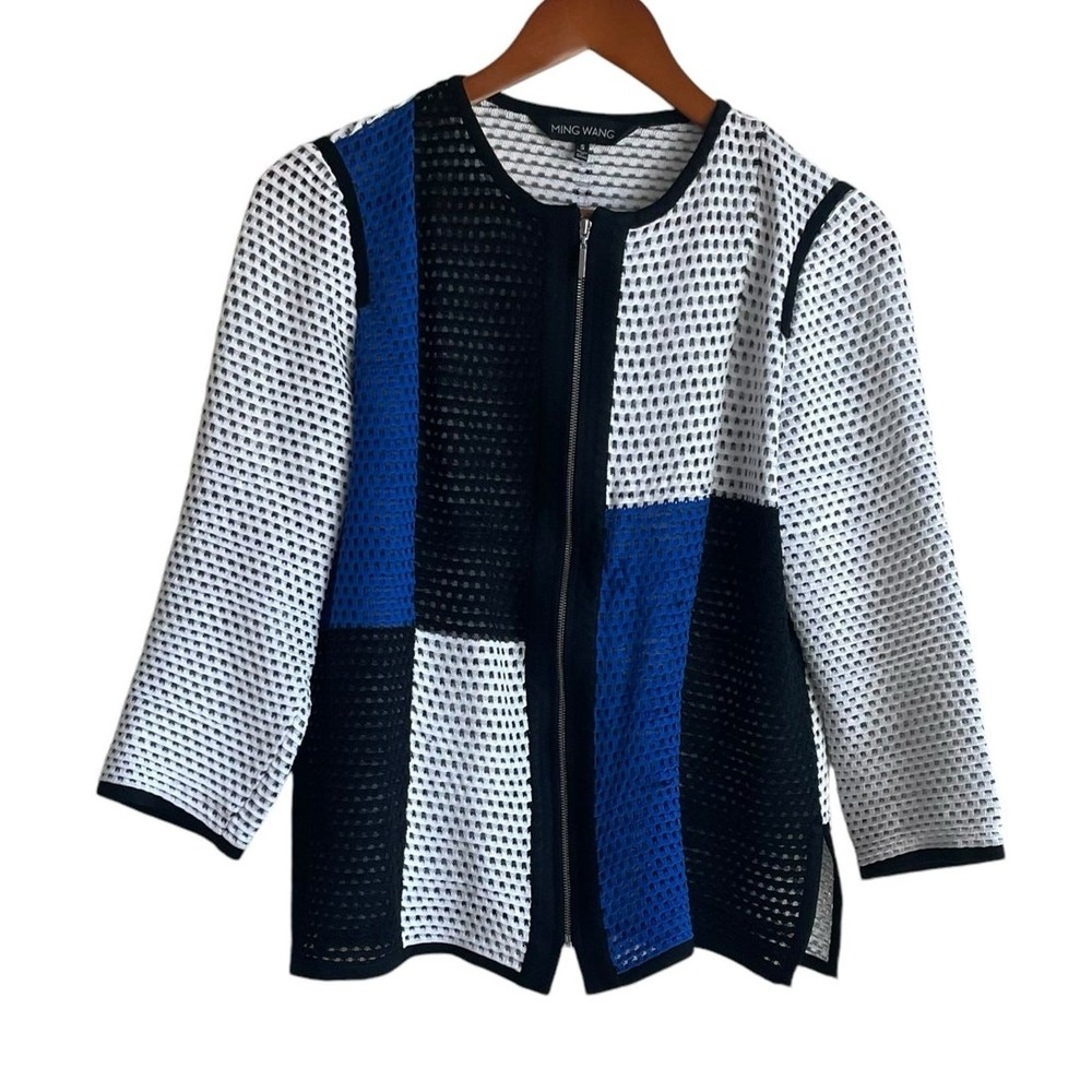 Ming Wang Women Zip Jacket S Blue Black Colorblock Knit Travel Office Modern